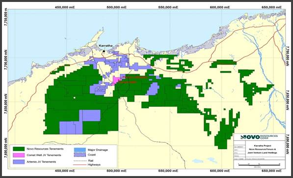 Map showing Novo?€™s 100% controlled mineral holdings, Novo-Artemis farm-in/joint venture holdings and Comet Well consolidated holdings in the Karratha region.